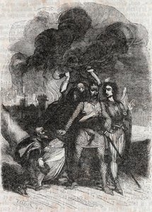 Rodomont verlässt Paris - Gravur von 1851 aus „Roland der Rasende“ (Orlando furioso) (16. Jahrhundert) von Ludovico Ariosto, bekannt als der Ariosta - Ausgabe, übersetzt aus dem Italienischen von Graf von Tressan und veröffentlicht von Gustave Harvard 1851
