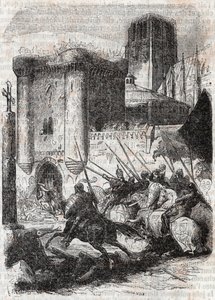 Rodomont bricht die Türen des Palais in Paris - Gravur von 1851 aus „Roland furieux“ (Orlando furioso) (16. Jahrhundert) von Ludovico Ariosto, bekannt als Ariosto - Ausgabe übersetzt aus dem Italienischen von Graf von Tressan und veröffentlicht von Gustave
