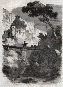 Rodomont wird von Bradamante besiegt - Gravur von 1851 aus „Roland der Rasende“ (Orlando furioso) (16. Jahrhundert) von Ludovico Ariosto, bekannt als der Ariosta - Ausgabe, übersetzt aus dem Italienischen von Graf von Tressan und veröffentlicht von Gustave von Unknown artist