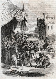 Roger (Ruggero, Ruggiero) fordert Rodomont (Rodomonte) zum Kampf heraus - Gravur von 1851 aus „Roland der Rasende“ (Orlando furioso) (16. Jahrhundert) von Ludovico Ariosto, bekannt als der Ariosta - Ausgabe, übersetzt aus dem Italienischen von Graf von Tre von Unknown artist