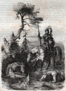Roger (Ruggero, Ruggiero) benutzt den verzauberten Schild - Gravur von 1851 aus „Roland der Rasende“ (Orlando furioso) (16. Jahrhundert) von Ludovico Ariosto, bekannt als der Ariosta - Ausgabe, übersetzt aus dem Italienischen von Graf von Tressan und veröf von Unknown artist
