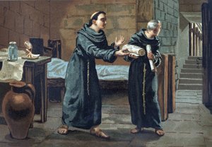 Roger Bacon, Franziskanermönch, Theologe, Philosoph und englischer Gelehrter (1214-1294) sendet das Buch „Opus majus“ (1267-1268) an den Papst. In „La Ciencia y sus Hombres“ von Louis Figuier, Barcelona 1881 von Unknown artist