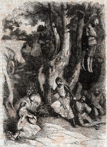 Roland und die sieben Räuber der Höhle - Gravur von 1851 aus „Roland furieux“ (Orlando furioso) (16. Jahrhundert) von Ludovico Ariosto, bekannt als der Ariosta - Ausgabe übersetzt aus dem Italienischen von Graf von Tressan und veröffentlicht von Gustave Ha