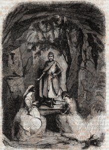 Roland sieht Isabelle in einer Höhle - Gravur von 1851 aus „Furioser Roland“ (Orlando furioso) (16. Jahrhundert) von Ludovico Ariosto, bekannt als der Ariosta - Ausgabe übersetzt aus dem Italienischen von Graf von Tressan und veröffentlicht von Gustave Har
