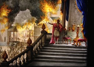 Römische Antike: „Der Kaiser Nero betrachtet den Brand von Rom am 18. Juli 64“ (Glasmalerei) von Unknown artist
