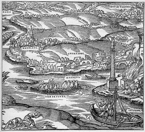 Römisches Gallien: ein Denkmal, erbaut von den Pariser Seeleuten unter der Herrschaft von Tiberius, an der Mündung von Seine und Marne. Gravur in „La Marine et les colonies: commerce“ von Unknown artist