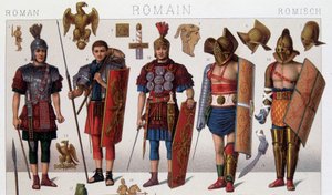 Römische Gladiatorenkostüme und Krieger. Chromolithographie des 19. Jahrhunderts
