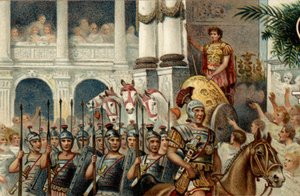 Römisches politisches System. Der Kaiser: Parade zu Ehren der Siege des römischen Kaisers Augustus (Octavian) in Actium, Pannonien und Ägypten. Chromolithographie aus dem späten 19. Jahrhundert. von Unknown artist