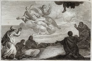 Bibel von Royaumont, Neues Testament: Himmelfahrt Jesu Christi. Christus wird in den Himmel aufgenommen und segnet die Apostel, bevor er in einer Wolke verschwindet. Illustration von 1811.