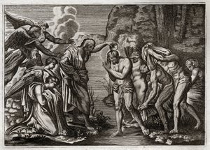 Royaumont-Bibel, Neues Testament: Taufe Jesu Christi. Johannes der Täufer tauft Jesus Christus im Jordan. Illustration von 1811. von Unknown artist