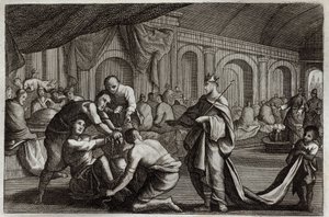 Royaumont-Bibel, Neues Testament: Hochzeitskleid. Gleichnis von einem König, der die Hochzeit seines Sohnes feierte und einen Mann, der kein Hochzeitskleid trug, hinauswarf. Illustration von 1811. von Unknown artist
