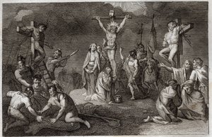 Royaumont-Bibel, Neues Testament: Kreuzigung Jesu Christi. Die Jungfrau Maria, Maria Magdalena und Johannes am Fuße des Kreuzes, der heilige Longinus mit seiner Lanze, Soldaten spielen um das Gewand Christi. An den Seiten, Darstellungen von... von Unknown artist