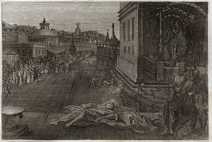 Royaumont-Bibel, Neues Testament: Tod der zwei Propheten. Die Vision des heiligen Johannes von zwei toten Propheten, die dann wieder auferstanden. Siebte Posaune der Offenbarung. Illustration von 1811