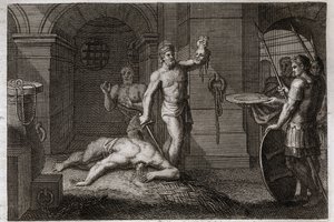 Royaumont-Bibel, Neues Testament: Enthauptung von Johannes dem Täufer. Man legt seinen Kopf auf ein Tablett. Illustration von 1811.
