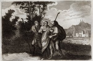 Royaumont-Bibel, Neues Testament: Jünger von Emmaus. Die beiden Jünger von Emmaus treffen den auferstandenen Christus. Illustration von 1811. von Unknown artist