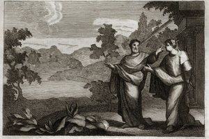Royaumont-Bibel, Neues Testament: Andere nicht richten. Wenn du einen Balken in deinem Auge hast, solltest du nicht versuchen, einen Splitter aus dem Auge deines Bruders zu ziehen (Gleichnis vom Splitter und Balken). Illustration von 1811. von Unknown artist