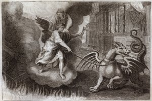 Royaumont-Bibel, Neues Testament: Drachenketten. Der Drache der Offenbarung, Symbol des Teufels, wird von einem Engel, der den Schlüssel des Abgrunds hält, angekettet. Illustration von 1811.