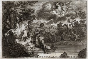 Royaumont-Bibel, Neues Testament: Eunuch tauft. Der Diakon Philippus verkündet einem Eunuchen der Königin von Äthiopien den Glauben und tauft ihn. Illustration von 1811.
