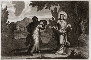 Royaumont-Bibel, Neues Testament: Jesus Christus in der Wüste. Jesus wird in die Wüste getrieben. Er fastet vierzig Tage und vierzig Nächte. Er wird vom Dämon versucht, der ihn auffordert, Steine in Brot zu verwandeln. Illustration von 1811. von Unknown artist