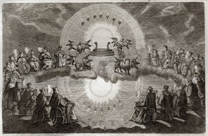 Royaumont-Bibel, Neues Testament: Offener Himmel. Ein Thron erscheint umgeben von einem Löwen, einem Ochsen, einem Menschen und einem Adler (Tetramorph) und sieben Lampen. Vierundzwanzig alte Menschen sitzen auf Thronen und umgeben diese Vision. Illustrati von Unknown artist