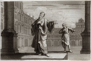 Royaumont-Bibel, Neues Testament: Gleichnis vom Pharisäer und Zöllner, die im Tempel beten. Illustration von 1811