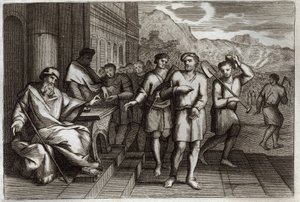 Royaumont-Bibel, Neues Testament: Gleichnis von den Arbeitern im Weinberg. Arbeiter, die der Familienvater in seinen Weinberg schickt. Illustration von 1811.