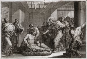 Bibel von Royaumont, Neues Testament: Der Gelähmte. Jesus Christus ruft den Heiligen Matthäus und heilt einen Gelähmten in Kafarnaum. Illustration von 1811. von Unknown artist