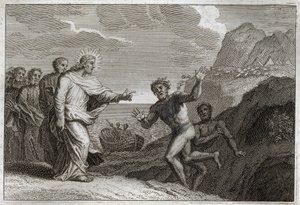 Royaumont-Bibel, Neues Testament: Besessener geheilt. Jesus Christus heilte einen Besessenen, den der Dämon wütend gemacht hatte. Illustration von 1811. von Unknown artist