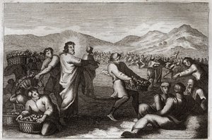 Royaumont-Bibel, Neues Testament: Vermehrung der Brote. Jesus Christus vervielfacht fünf Brote und ernährt fünftausend Männer. Illustration von 1811