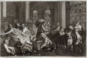 Royaumont-Bibel, Neues Testament: Vertreibung der Händler aus dem Tempel. Jesus Christus vertreibt aus dem Tempel diejenigen, die ihn durch den Handel dort entweiht haben. Illustration von 1811