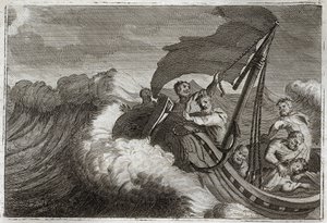Royaumont-Bibel, Neues Testament: Sturm beruhigt. Die Apostel werden von einem Sturm überrascht, wecken Jesus Christus, der in ihrem Schiff schläft, und er beruhigt auch das Meer von Galiläa. Illustration von 1811. von Unknown artist