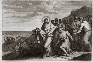 Royaumont-Bibel, Neues Testament: Der Aussätzige und der Hauptmann. Ein Aussätziger bittet Jesus Christus, ihn von seiner Krankheit zu heilen, und ein Hauptmann sendet ihn, um seinen kranken Diener zu heilen. Illustration von 1811 von Unknown artist