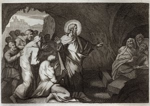 Royaumont-Bibel, Neues Testament: Die Auferweckung des Lazarus durch Jesus Christus. Illustration von 1811. von Unknown artist