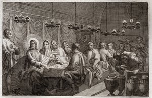 Royaumont-Bibel, Neues Testament: Die Hochzeit zu Kana. Erstes Wunder von Jesus Christus, der Wasser in Wein verwandelte. Illustration von 1811. von Unknown artist