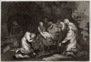 Royaumont-Bibel, Neues Testament: Grab. Grab Jesu Christi. Unter den Figuren, die den Körper Jesu Christi umgeben: die Jungfrau Maria, der heilige Nikodemus, der heilige Joseph von Arimathäa, der heilige Johannes der Evangelist und die heilige Maria Magdal von Unknown artist