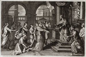 Royaumont-Bibel, Altes Testament: Esther stellt sich vor König Xerxes I (Assuerus I), um ihr Volk vor dem drohenden Tod zu retten. Illustration von 1811.