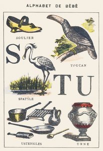 S T U: Schuh, Spatel, Tukan, Utensilien, Urne von Unknown artist