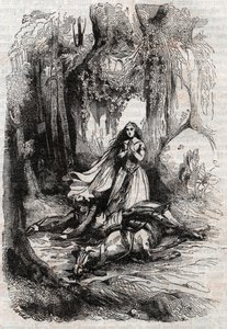 Sacripant wird in Anwesenheit von Angelica abgeworfen - Gravur von 1851 aus „Roland furieux“ (Orlando furioso) (16. Jahrhundert) von Ludovico Ariosto, bekannt als Ariosto - Ausgabe übersetzt aus dem Italienischen von Graf von Tressan und veröffentlicht von von Unknown artist
