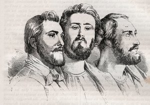 Saint-Simonismus - Charles Duveyrier (1803-1866) - Emile Barrault (1799-1869) - Michel Chevalier (1806-1879) - Gravur von 1882 in „Histoire de dix ans: 1830-1840“ von Louis-Blanc (1811-1882)