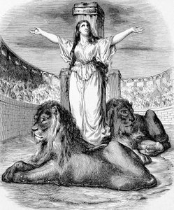 Heilige Blandine, junge christliche Sklavin, gemartert im Löwenring in Lyon im Jahr 177, Gravur von Unknown artist
