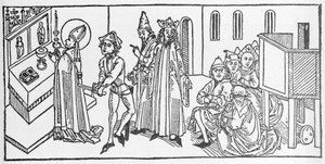 Heiliger Matthäus. Gravur aus „Leben der Heiligen - sommerteil“ (Das Buch der Heiligen) von Jacobus (James) von Voragine (1228-1298). Lübeck 1488