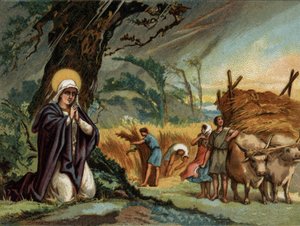 Sainte Genevieve (422-502), Schutzpatronin von Paris, bewahrt die Ernte vor dem Sturm in Meaux. Chromolithographie um 1890 von Unknown artist