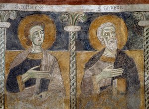 Heilige Johannes der Evangelist und Simeon, Detail eines Freskos aus dem 12. Jahrhundert in der Basilika der Heiligen Sisinio, Martirio und Alessandro, San Zeno di Trento, Trentino-Südtirol, Italien