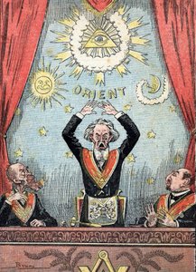 Satirische Darstellung einer Freimaurerloge, der Großmeister umgeben von freimaurerischen Symbolen in seiner Loge. Karikatur aus „Le pèlerin“ 23/06/1912 von Unknown Artist