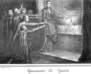 Szene, die Jesuiten beim Ablegen des Eides darstellt. Gravur aus dem späten 19. Jahrhundert