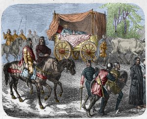 Szene, die die faulen Könige darstellt: König von Frankreich Thierry III (673-691) wird in einem Tank mit einem von Ochsen gezogenen Bett transportiert. von Unknown artist