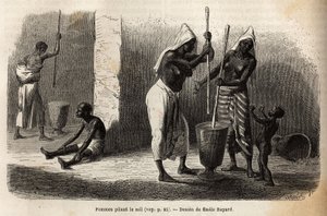 Szene aus dem täglichen Leben: Frauen stampfen Hirse in Sekou (Niger), umgeben von Kindern. Gravur zur Illustration der Reise in den westlichen Sudan von Leutnant (Marine) M.Mage, 1863-1866, veröffentlicht in "Le tour du monde, nouveau journal des voyages" von Unknown artist