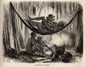 Szene aus dem Familienleben der Yahuas-Indianer der Mission von San Jose (Peru), der Mann spielt mit seinem letzten Kind in einer Hängematte, während die Frau und das Kind Palmstängel vorbereiten, die zur Herstellung von Hängematten-Netzen bestimmt sind, i von Unknown artist