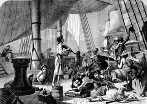 Szene auf dem Deck eines Piratenschiffs. Gravur aus dem 19. Jahrhundert.