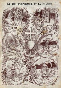Szenen, die Glaube, Hoffnung, Nächstenliebe und deren Gegenteil, Unglauben, Verzweiflung und Egoismus, illustrieren. Illustration in „Le Pelerin“ vom 27. März
